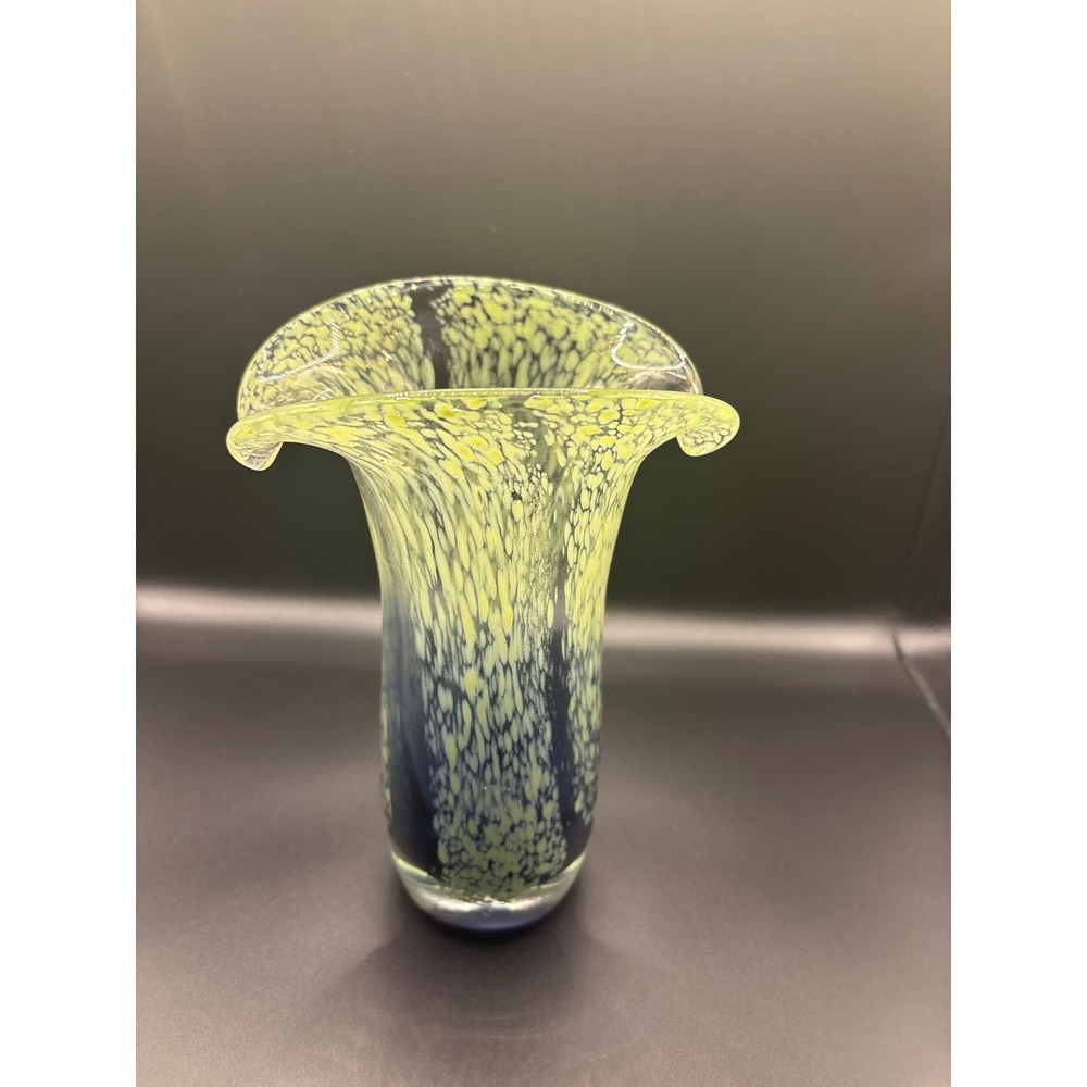 Teleflora Gift Art Glass Vase Blue Green Ombre Speckled Flared Scalloped Rim